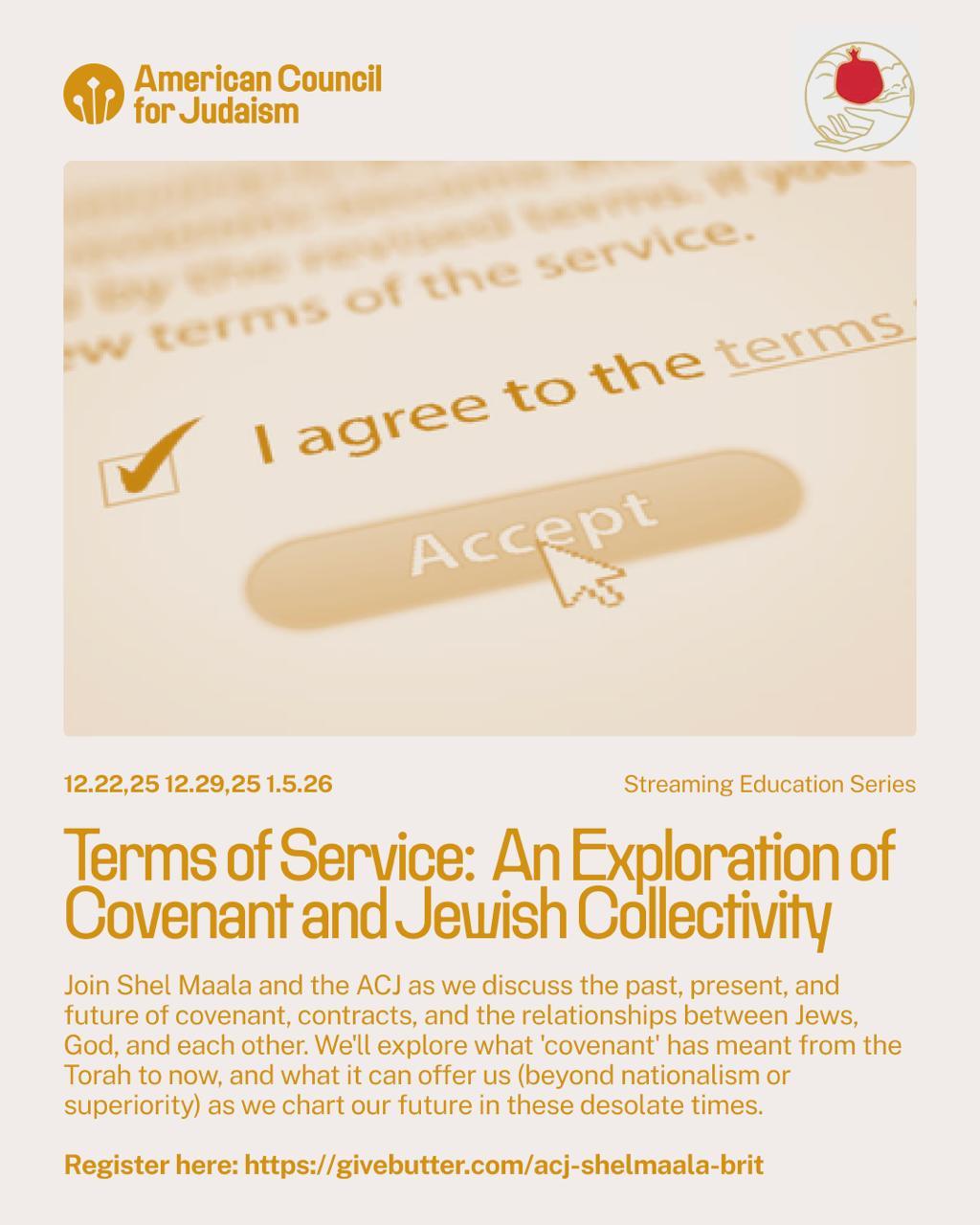 D: A large digital button that says accept, underneath a completed checkbox reading “I agree to the terms” at the bottom of a contract. ACJ and Shel Maala’s logos are at the top of the image, and the text is the same as the description text in the above message